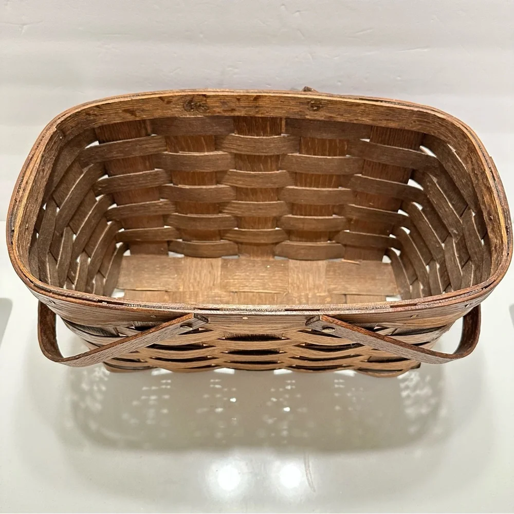 Vintage‎ Dark Brown Woven Basket Wooden Handles Rectangle Skinny Brass Hardware